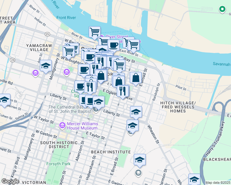 map of restaurants, bars, coffee shops, grocery stores, and more near in Savannah