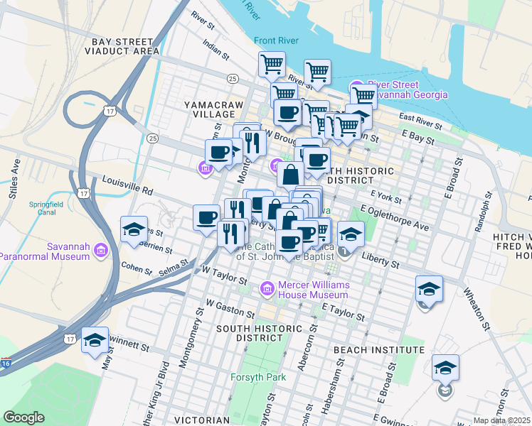 map of restaurants, bars, coffee shops, grocery stores, and more near 339 Barnard Street in Savannah