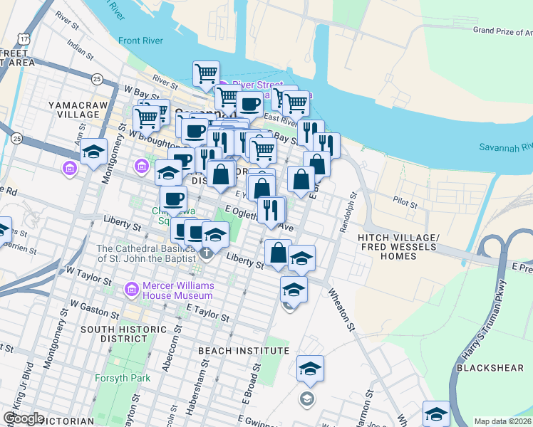 map of restaurants, bars, coffee shops, grocery stores, and more near 502 East York Lane in Savannah