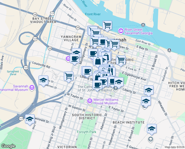 map of restaurants, bars, coffee shops, grocery stores, and more near 115 West Perry Street in Savannah