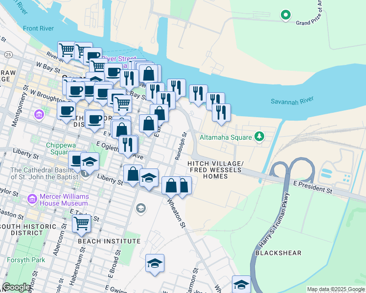 map of restaurants, bars, coffee shops, grocery stores, and more near 116 Randolph Street in Savannah
