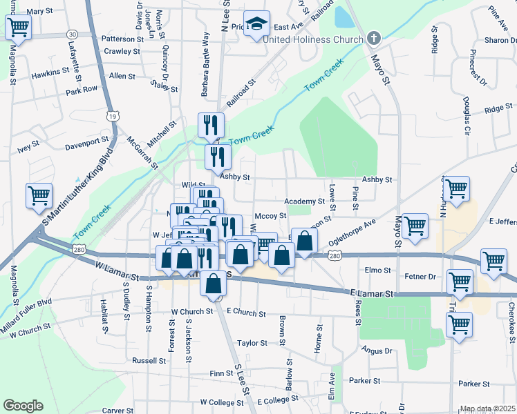 map of restaurants, bars, coffee shops, grocery stores, and more near 413 Winn Street in Americus