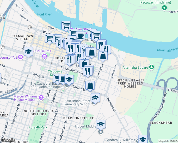 map of restaurants, bars, coffee shops, grocery stores, and more near 502 East York Lane in Savannah