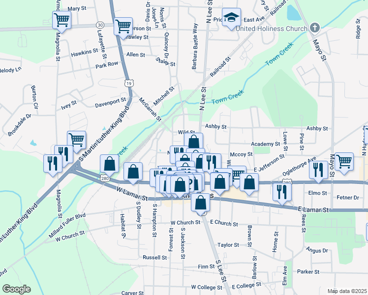map of restaurants, bars, coffee shops, grocery stores, and more near 429 North Jackson Street in Americus