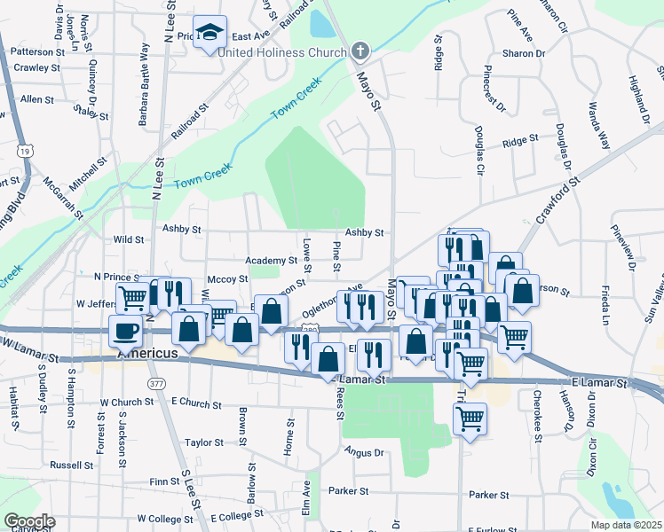 map of restaurants, bars, coffee shops, grocery stores, and more near 306 Pine Street in Americus