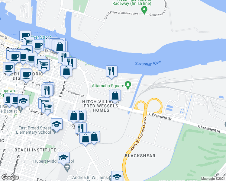 map of restaurants, bars, coffee shops, grocery stores, and more near Pilot Street in Savannah
