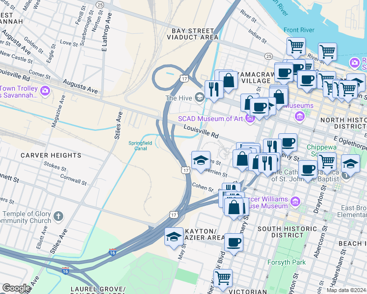 map of restaurants, bars, coffee shops, grocery stores, and more near 701 West Jones Street in Savannah