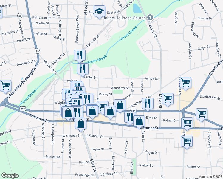 map of restaurants, bars, coffee shops, grocery stores, and more near 316 Poplar Street in Americus