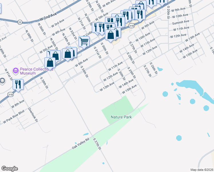 map of restaurants, bars, coffee shops, grocery stores, and more near 2226 West 13th Avenue in Corsicana