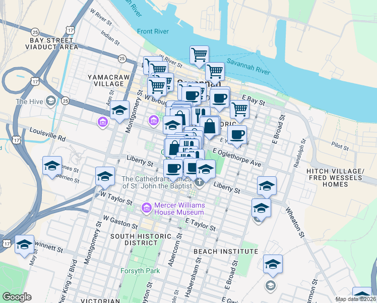 map of restaurants, bars, coffee shops, grocery stores, and more near 37 East Oglethorpe Lane in Savannah