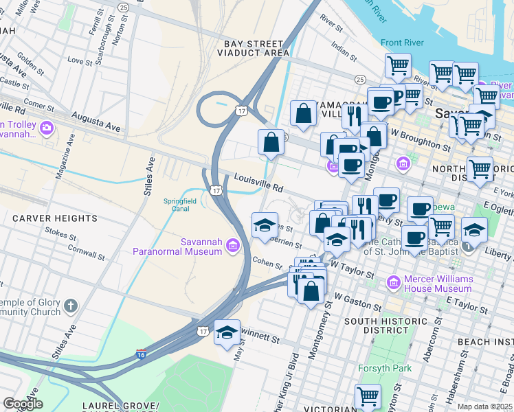 map of restaurants, bars, coffee shops, grocery stores, and more near 312-398 W Boundary St in Savannah