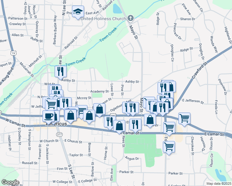 map of restaurants, bars, coffee shops, grocery stores, and more near 343 Academy Street in Americus