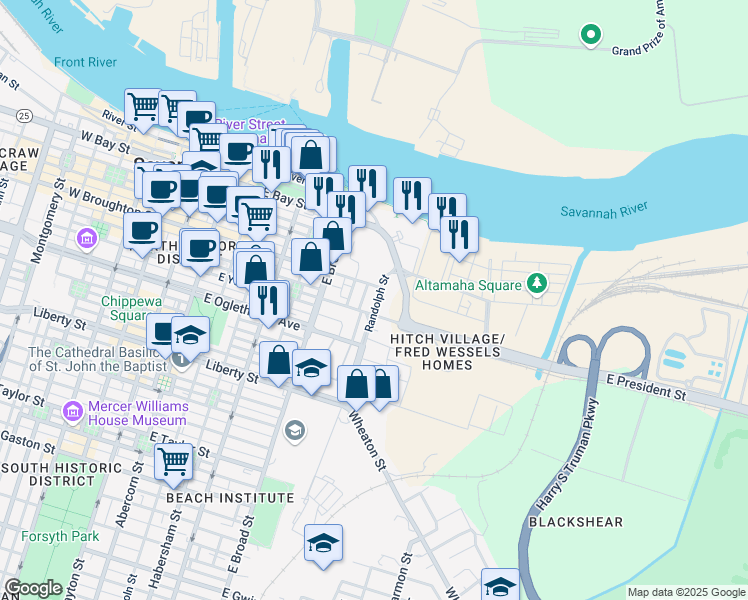 map of restaurants, bars, coffee shops, grocery stores, and more near 116 Randolph Street in Savannah