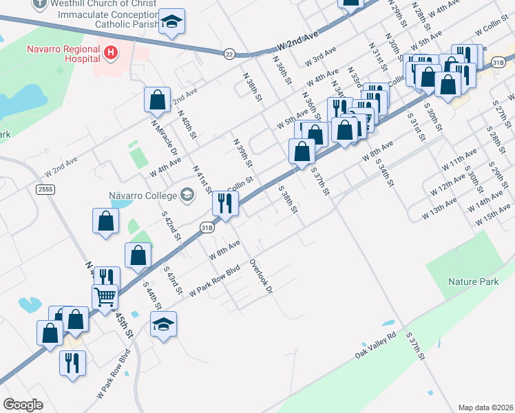 map of restaurants, bars, coffee shops, grocery stores, and more near 3007 West 7th Avenue in Corsicana