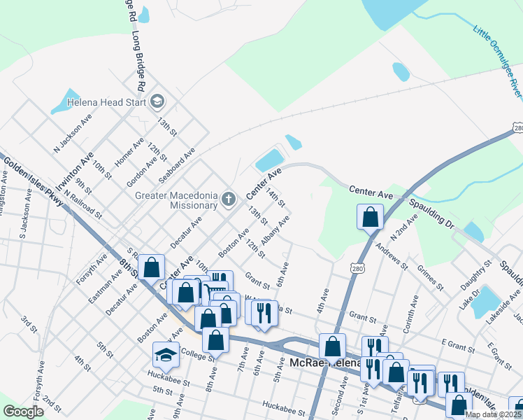 map of restaurants, bars, coffee shops, grocery stores, and more near 73 13th Street in McRae-Helena