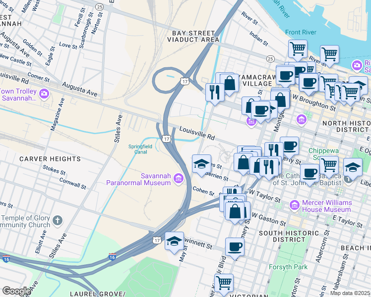 map of restaurants, bars, coffee shops, grocery stores, and more near 701 West Jones Street in Savannah