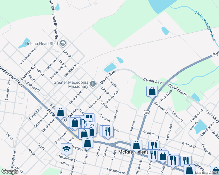 map of restaurants, bars, coffee shops, grocery stores, and more near 73 13th Street in McRae-Helena