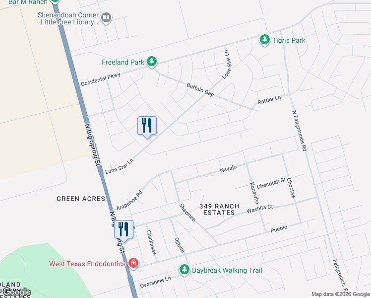 map of restaurants, bars, coffee shops, grocery stores, and more near 6510 Shawnee in Midland