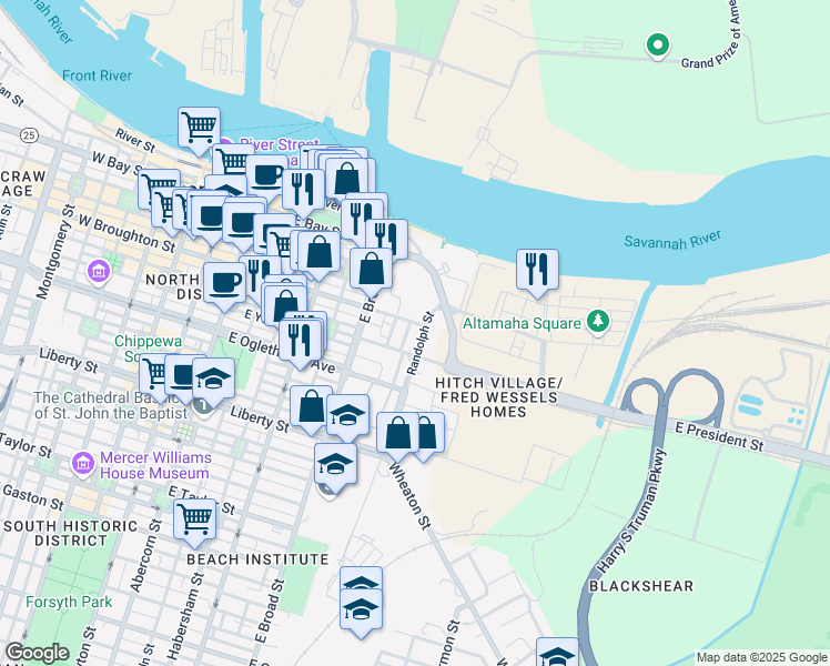 map of restaurants, bars, coffee shops, grocery stores, and more near 116 Randolph Street in Savannah