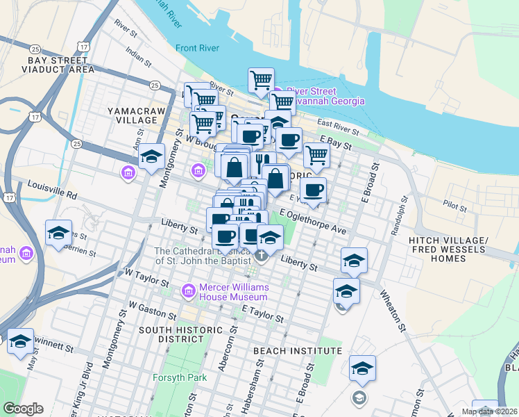 map of restaurants, bars, coffee shops, grocery stores, and more near 37 East Oglethorpe Lane in Savannah