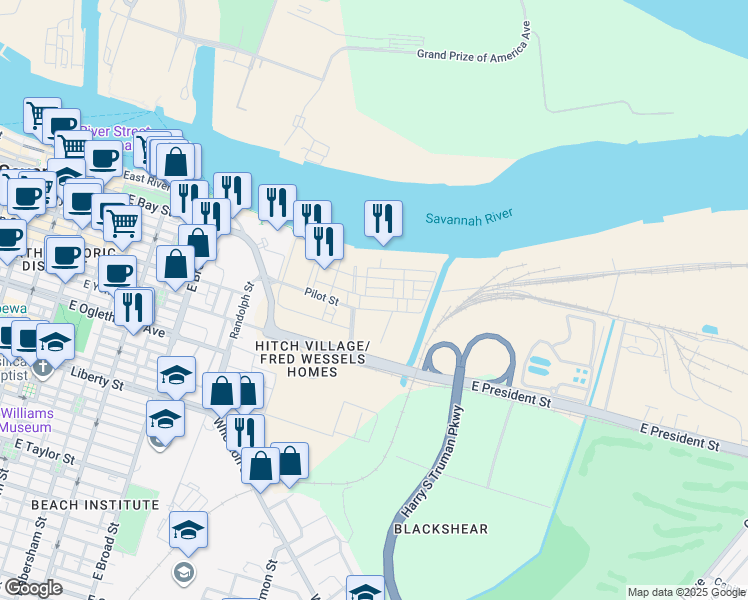 map of restaurants, bars, coffee shops, grocery stores, and more near Harbor Street in Savannah