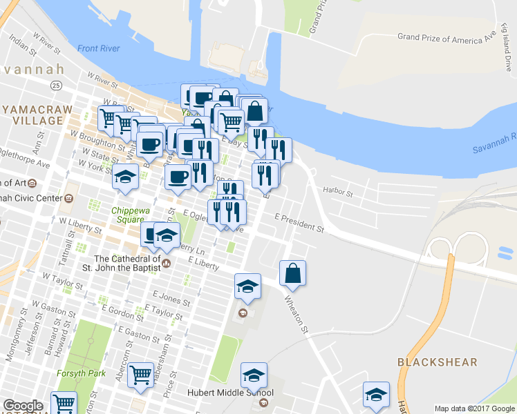 map of restaurants, bars, coffee shops, grocery stores, and more near 570 East York Street in Savannah