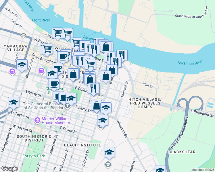 map of restaurants, bars, coffee shops, grocery stores, and more near 570 East York Street in Savannah
