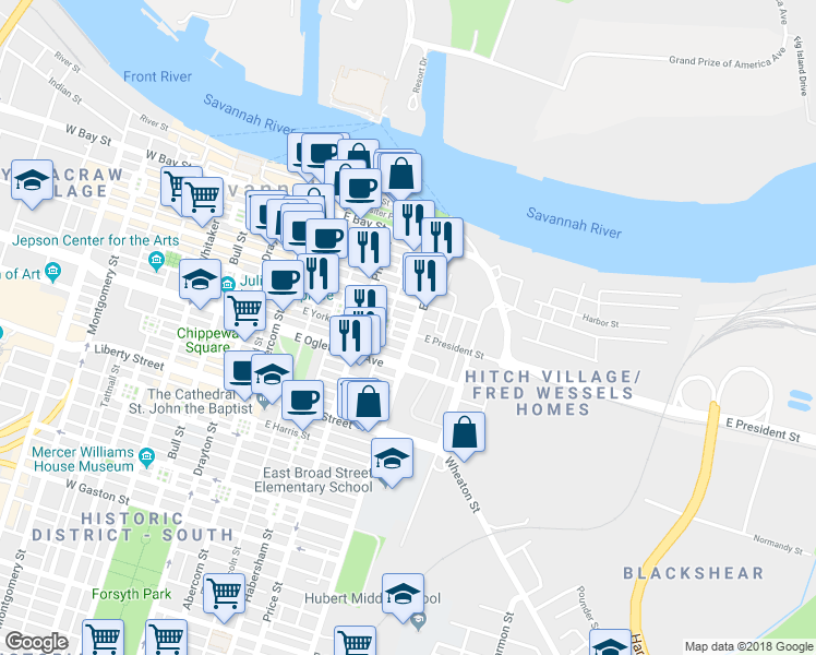 map of restaurants, bars, coffee shops, grocery stores, and more near 570 East York Street in Savannah