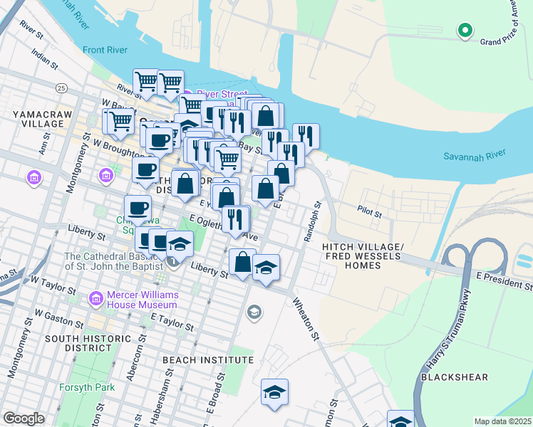 map of restaurants, bars, coffee shops, grocery stores, and more near 570 East York Street in Savannah