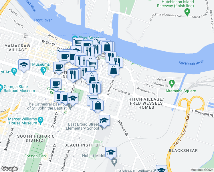 map of restaurants, bars, coffee shops, grocery stores, and more near 570 East York Street in Savannah