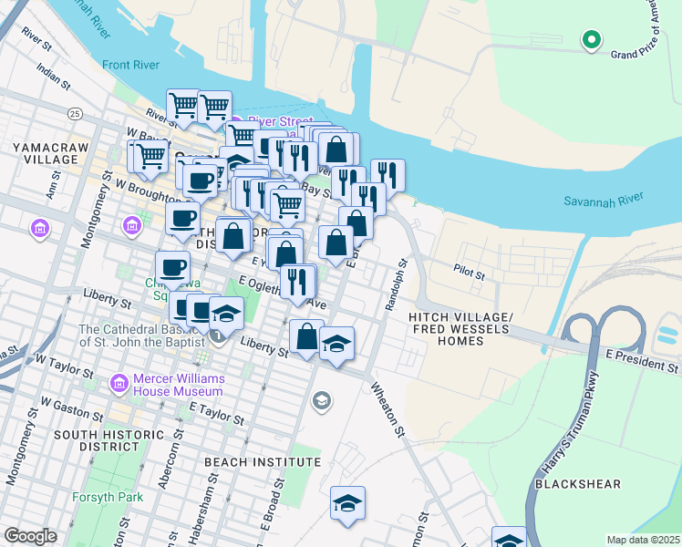 map of restaurants, bars, coffee shops, grocery stores, and more near 549 East State Street in Savannah