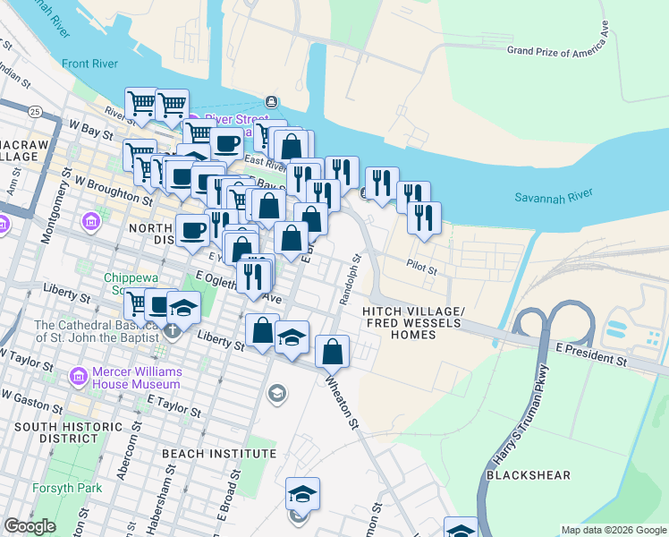 map of restaurants, bars, coffee shops, grocery stores, and more near 101-199 Barr St in Savannah