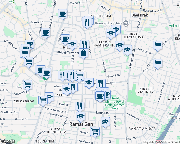 map of restaurants, bars, coffee shops, grocery stores, and more near Ha-Aluf Nekhemya Tamari Street in Ramat Gan