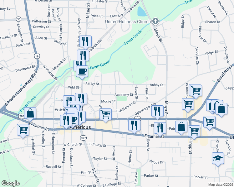 map of restaurants, bars, coffee shops, grocery stores, and more near 316 Poplar Street in Americus