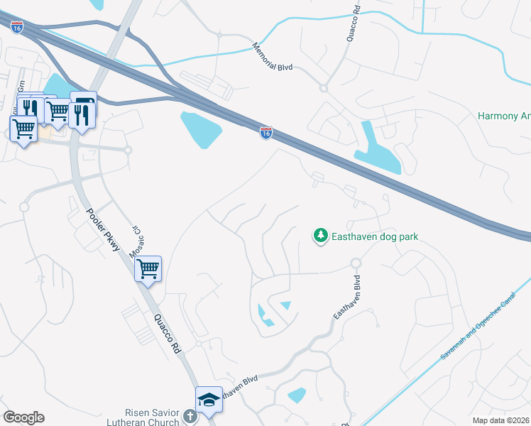 map of restaurants, bars, coffee shops, grocery stores, and more near 33 Olde Gate Court in Pooler