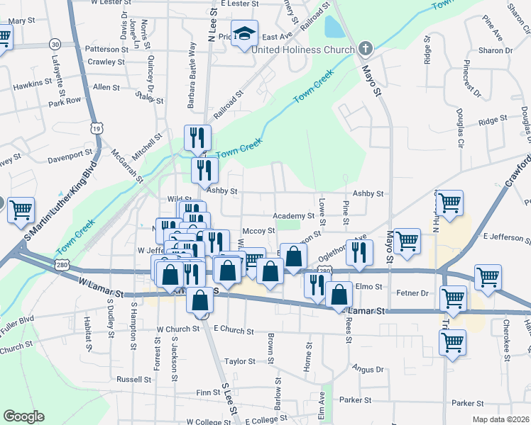 map of restaurants, bars, coffee shops, grocery stores, and more near 316 Poplar Street in Americus