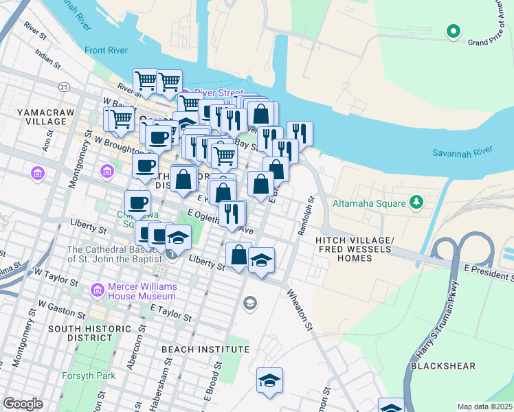 map of restaurants, bars, coffee shops, grocery stores, and more near 570 East York Street in Savannah