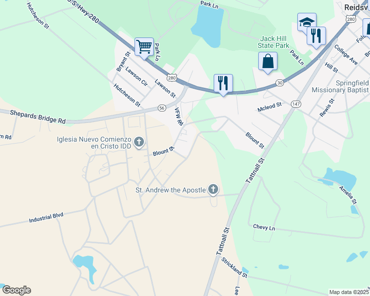 map of restaurants, bars, coffee shops, grocery stores, and more near 109 Ohoopee Street in Reidsville