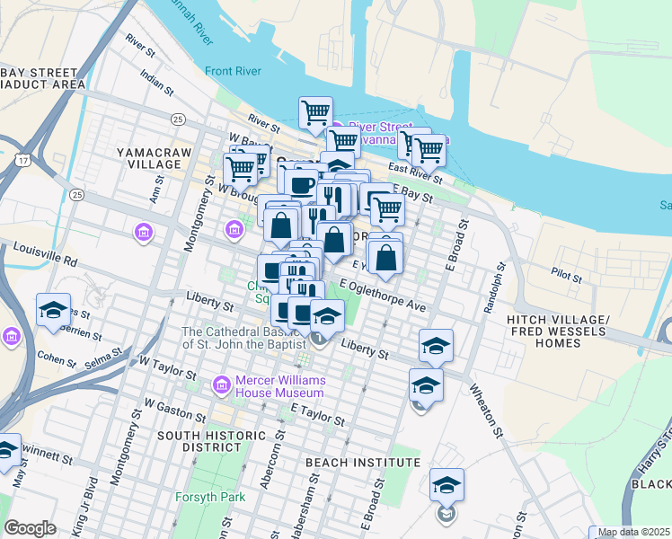 map of restaurants, bars, coffee shops, grocery stores, and more near in Savannah