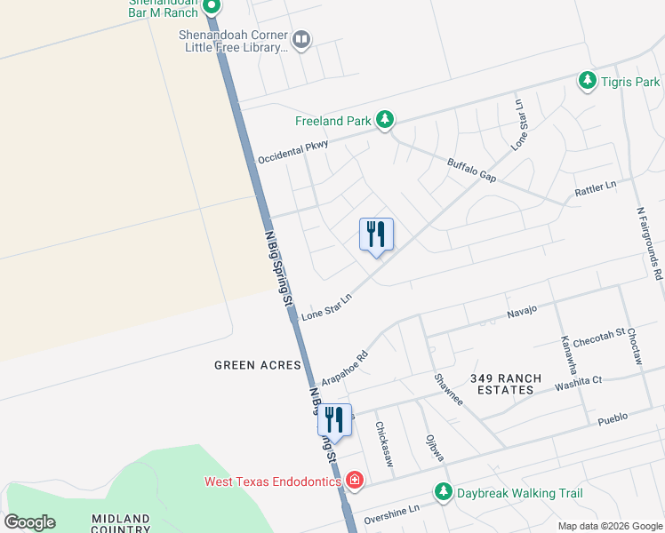 map of restaurants, bars, coffee shops, grocery stores, and more near Lasso in Midland