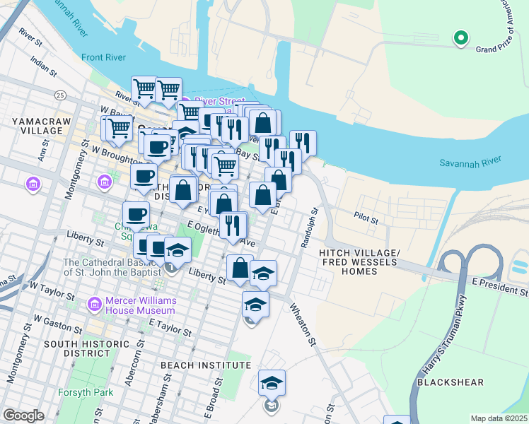 map of restaurants, bars, coffee shops, grocery stores, and more near 570 East York Street in Savannah