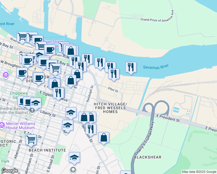 map of restaurants, bars, coffee shops, grocery stores, and more near Harbor Street in Savannah