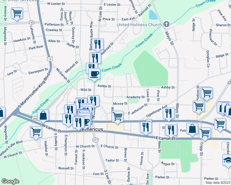 map of restaurants, bars, coffee shops, grocery stores, and more near 413 Winn Street in Americus