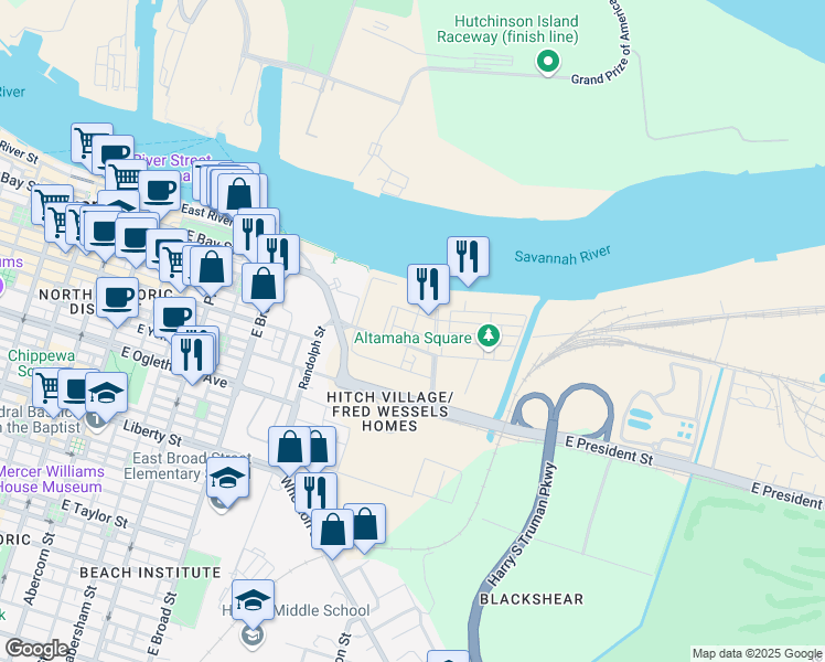 map of restaurants, bars, coffee shops, grocery stores, and more near Commerce Street in Savannah