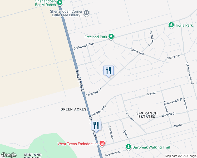 map of restaurants, bars, coffee shops, grocery stores, and more near Lasso in Midland
