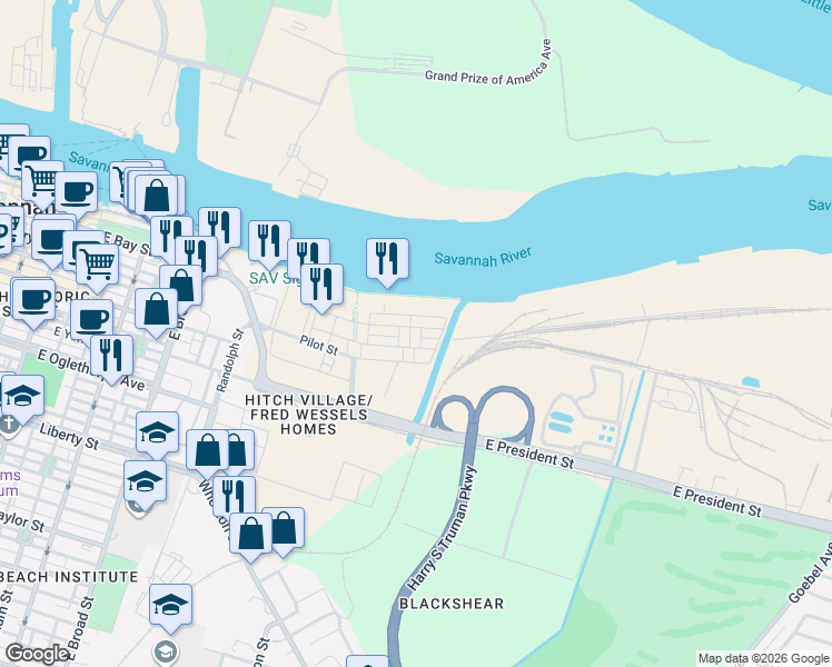 map of restaurants, bars, coffee shops, grocery stores, and more near 701-799 Harbor Street in Savannah