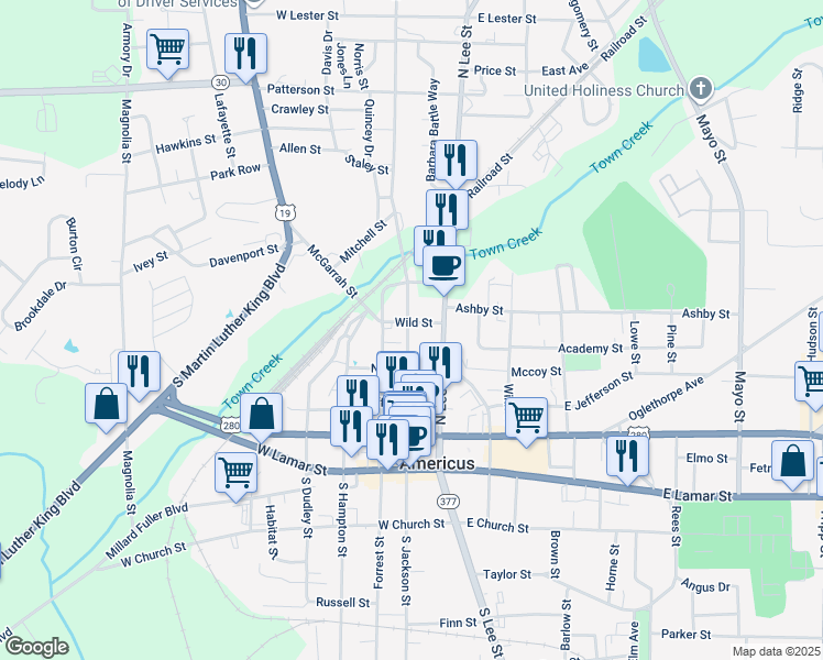 map of restaurants, bars, coffee shops, grocery stores, and more near 429 North Jackson Street in Americus