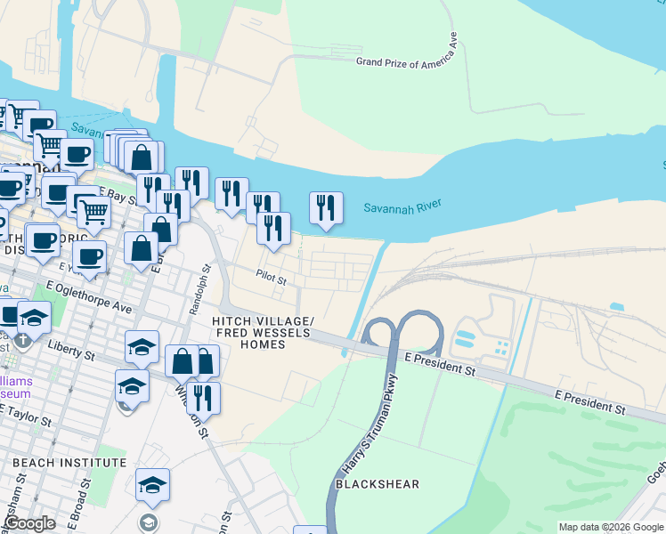 map of restaurants, bars, coffee shops, grocery stores, and more near 201 Port Street in Savannah