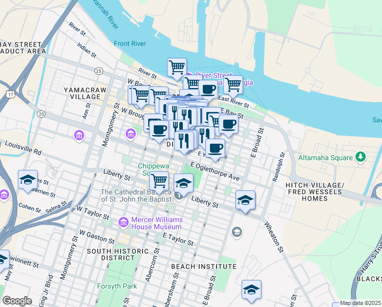 map of restaurants, bars, coffee shops, grocery stores, and more near in Savannah