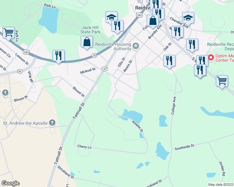 map of restaurants, bars, coffee shops, grocery stores, and more near 132-156 Leigh Circle in Reidsville